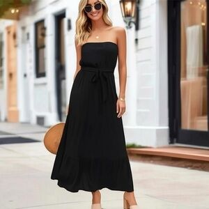 Elegant Off Shoulder Ruffle Boutique Dress Tie Waist Maxi Black Beach Boho Sz L
